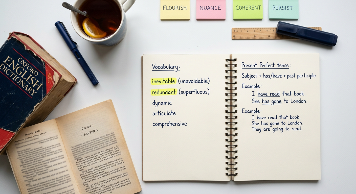 A study desk with an open notebook of handwritten English vocabulary, a highlighter, a dictionary and a novel